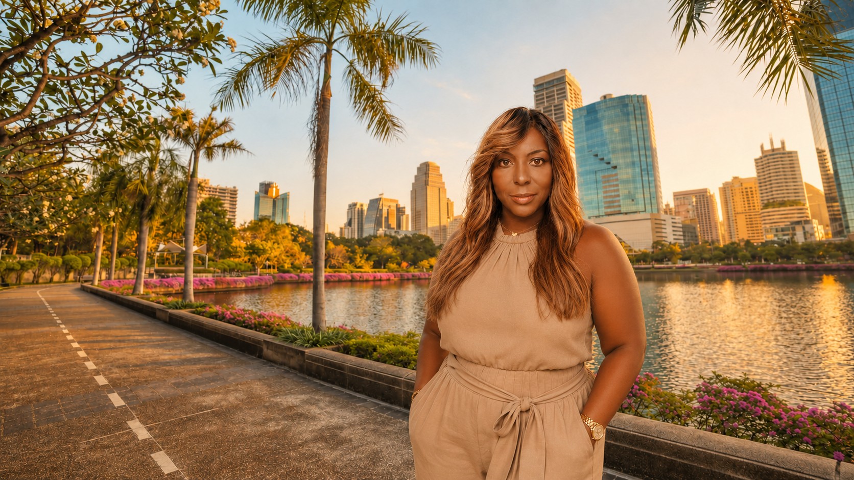 Bangkok arrival — golden-hour skyline and lake at Benjakitti Park