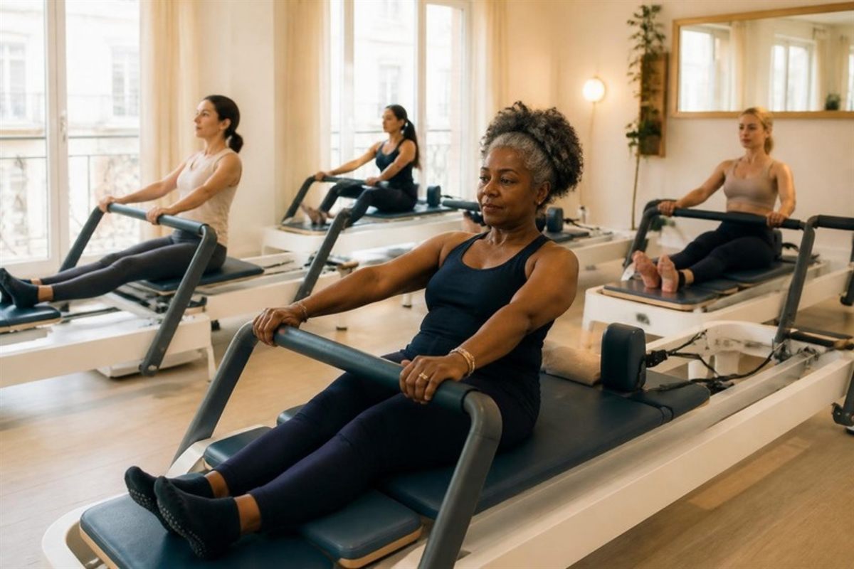 A diverse group of women taking a reformer Pilates class in a bright, modern studio, led in the foreground by a Black woman in her fifties