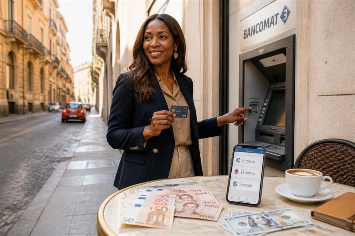 A woman abroad using her debit card at a street ATM, with euro, Thai baht and U.S. dollar notes and a banking app showing all three balances on the café table beside her
